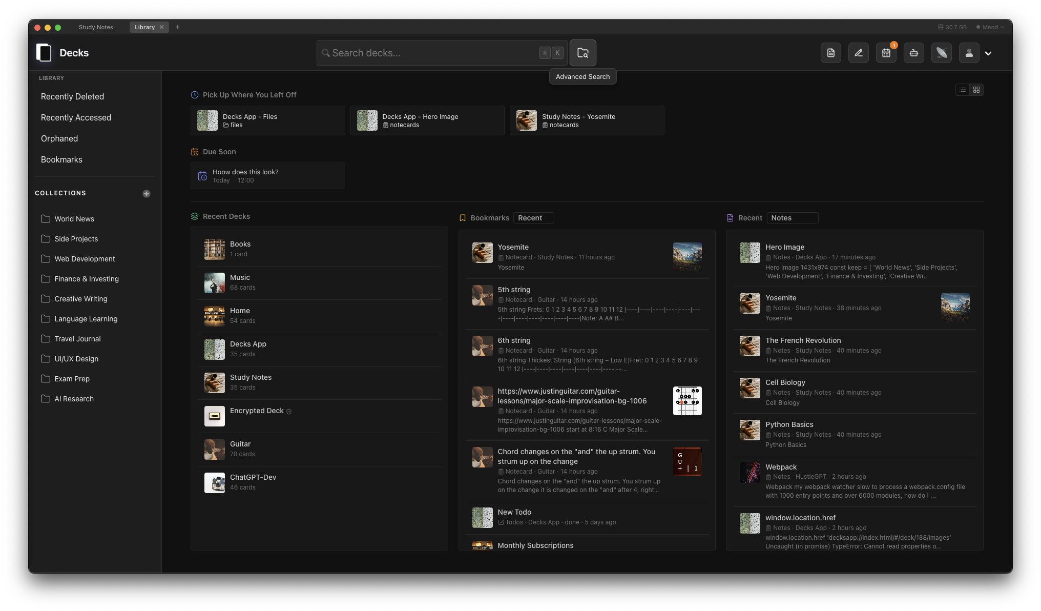 Decks dashboard overview