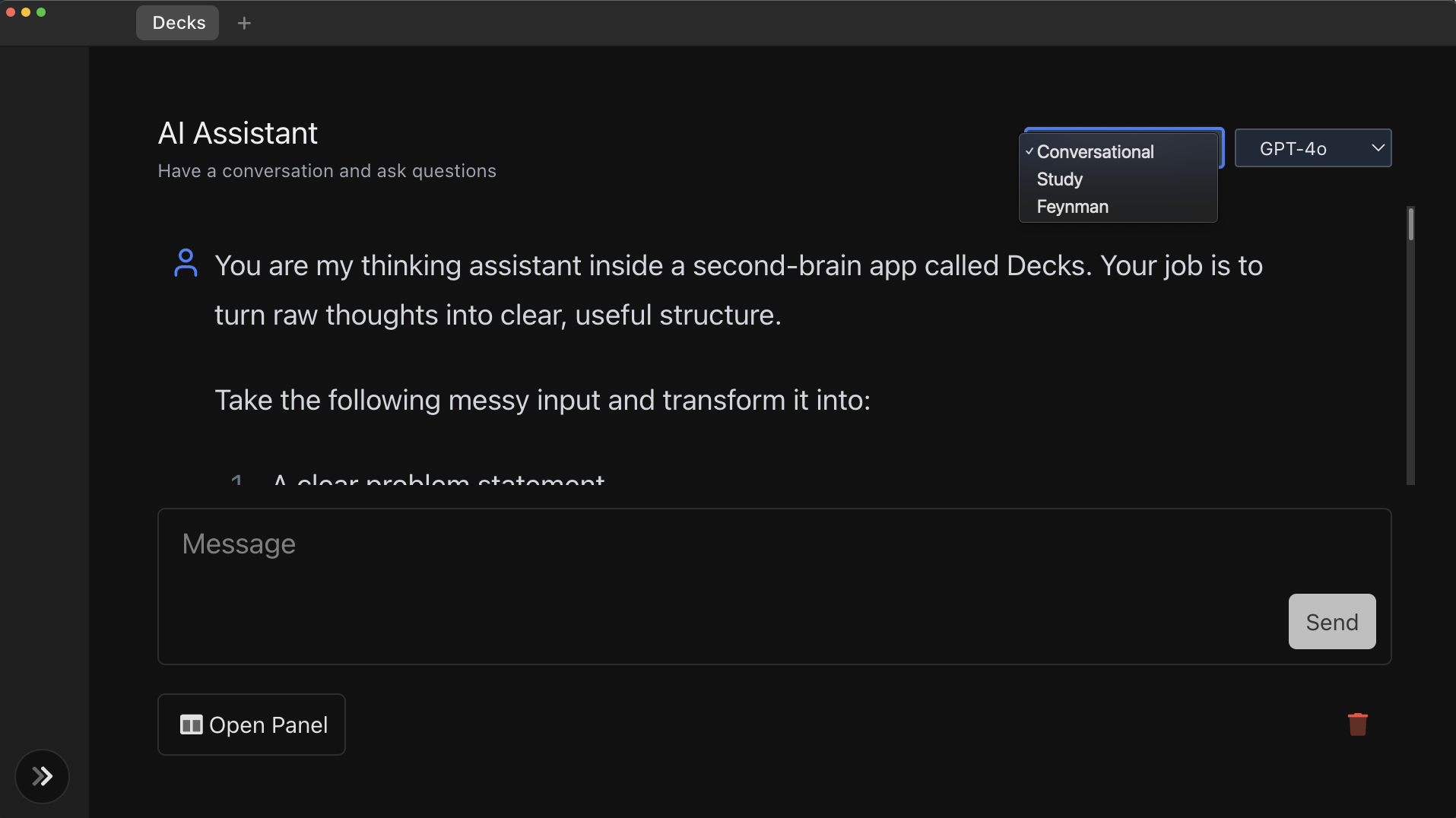 Screenshot or short GIF showing the mode selector dropdown expanded, displaying the three mode options: Conversational, Study, and Feynman.