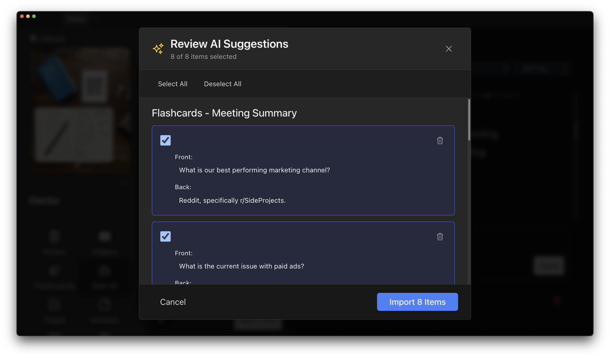 Screenshot of the Content Inspection Modal showing a list of generated flashcards with checkboxes, edit buttons, and the Accept/Refuse actions at the bottom.