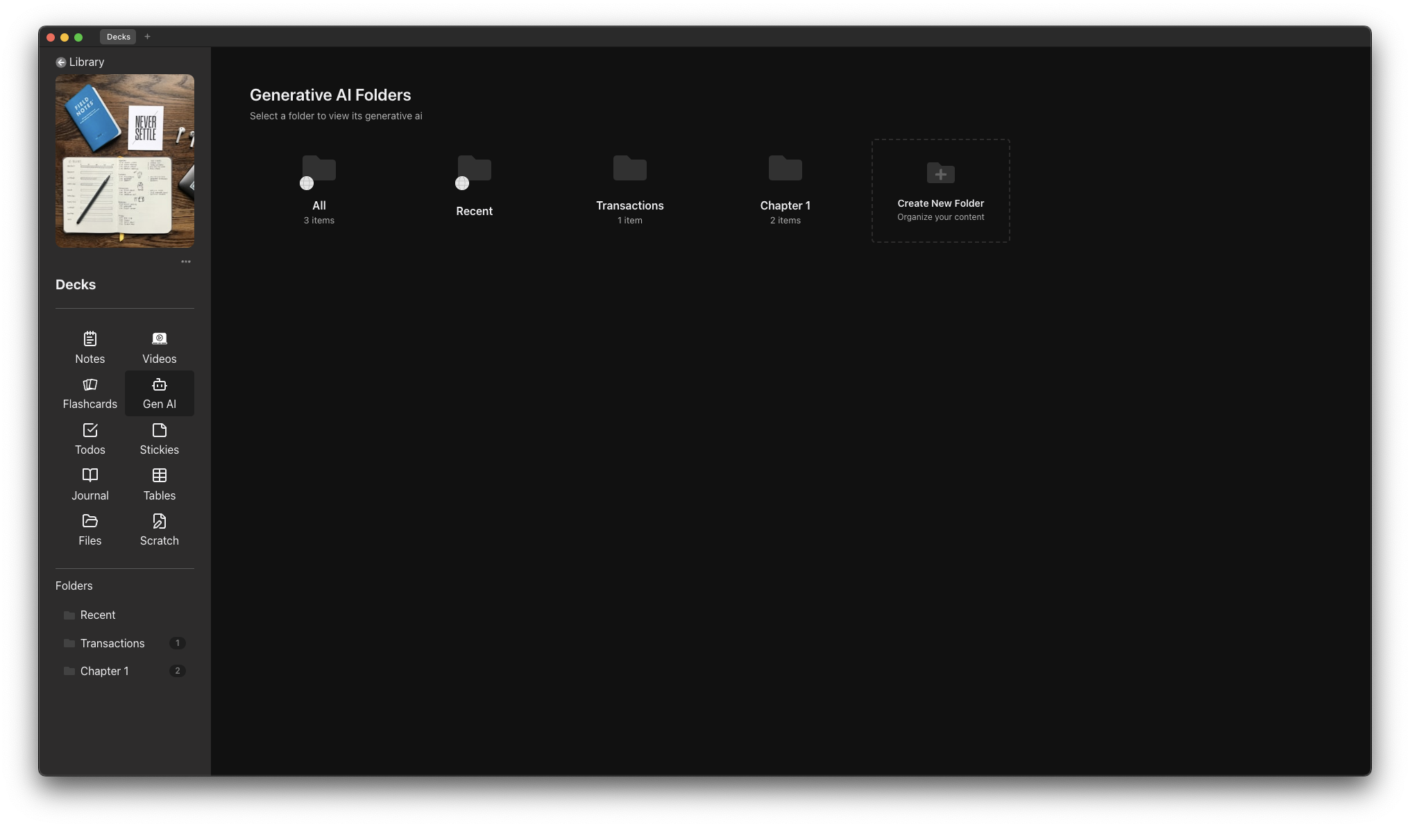 Screenshot showing the AI Cards list view with the folder sidebar visible. Show a few folders with descriptive names like "Biology 101", "Project Research", "Interview Prep" to illustrate organization.