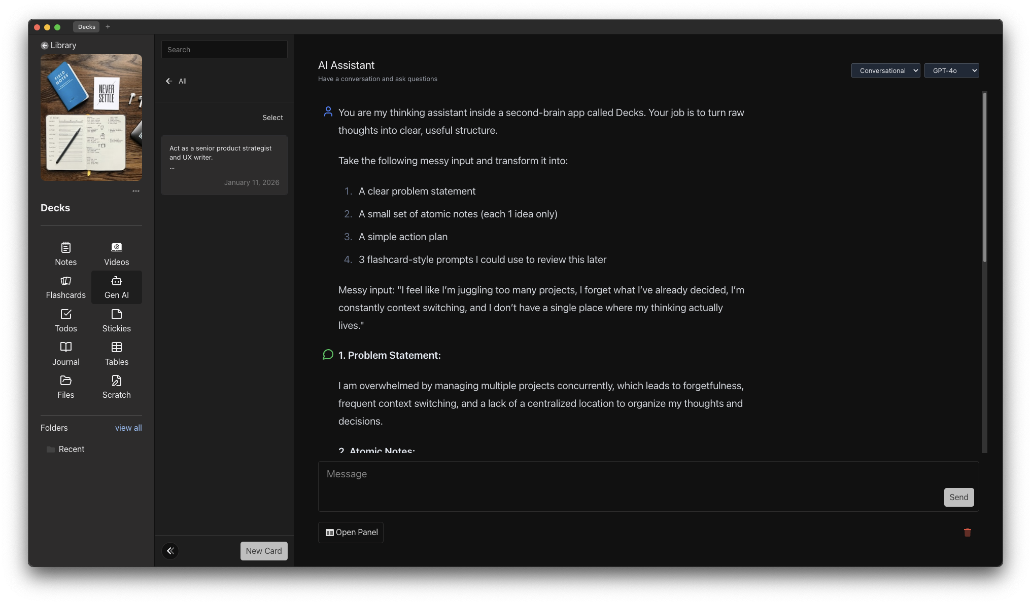 Screenshot showing the main AI chat interface with a sample conversation, the mode selector dropdown, and the model selector. Highlight the clean, focused chat layout with message bubbles and the input area at the bottom.