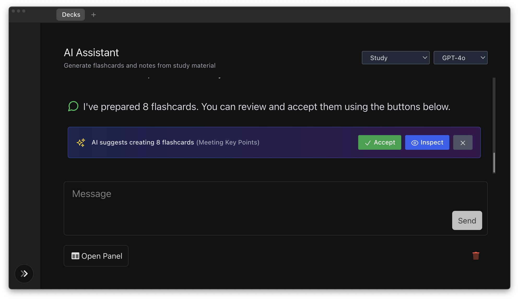 Screenshot showing a Study Mode conversation where the AI has generated flashcard and notecard suggestions. Show the inline suggestion cards with Accept/Refuse buttons.